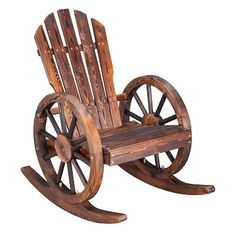 a wooden rocking chair with wheels on it