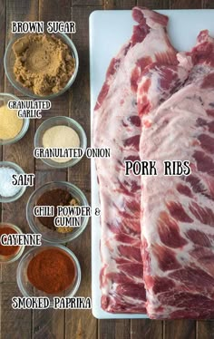 the ingredients to make pork ribs laid out on a cutting board, including spices and seasonings