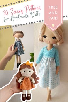 the doll is wearing a blue dress and holding a small doll in her hand with text overlay that says 30 sewing patterns for handmade dolls