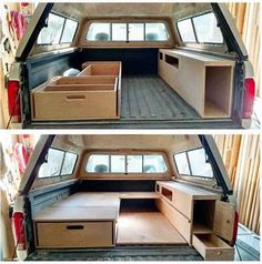 two pictures of the inside of an old van with drawers and desks in it