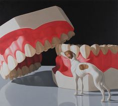 a painting of a dog standing next to a fake tooth with it's mouth open