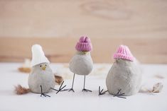 three little birds wearing knitted hats and standing next to each other on a white surface