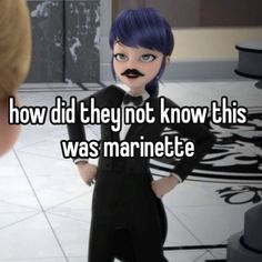 an animated character with blue hair and mustaches, standing in front of another character