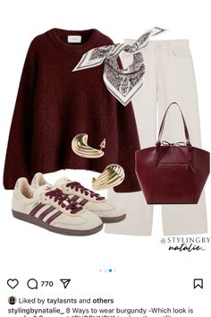 Fall Outfits Cream Pants, Burgundy Knit Sweater Outfit, Burgundy Trainers Outfit, Burgundy Autumn Outfit, Maroon Scarf Outfit, Burgundy And Cream Outfit, Burgundy Jumper Outfit, Burgundy Sweater Outfit Winter, Burgundy Outfit Aesthetic