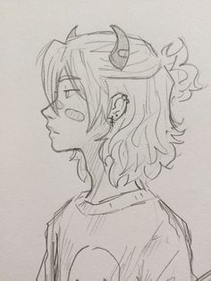 a drawing of a girl with horns on her head looking at something in the distance