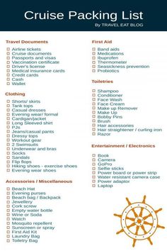 the cruise packing list is shown in orange and blue, with an image of a ship wheel