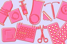 pink items are arranged in the shape of a circle on a light blue background with white dots