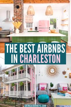 Top photo shows a green and pink kitchen in a popular Airbnb for rent in Charleston. The bottom left photo shows the outside of a hot pink historic home in Charleston on Airbnb. The bottom right photo shows the interior of a living room in an Airbnb in Charleston, with colorful decor. Where To Stay In Charleston Sc, Charleston Airbnb, Charleston Historic District, Girls Trips