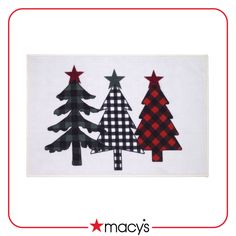 three christmas trees on a white background with red, black and green plaid stars in the center