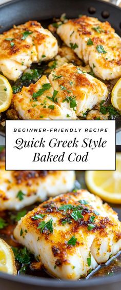 Image for Quick Greek Style Baked Cod Swai Recipes Healthy, Weeknight Seafood Dinner, Fish Dinners For Family, Savory Fish Recipes, Greek Inspired Dinner Recipes, Seafood Recipes For Dinner For Two, Cod And Mushroom Recipe, Recipes Using Cod Fillets, Greek Cod Recipes