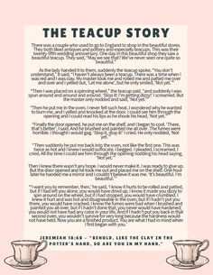 the teacup story is written in black and white on pink paper with two cups