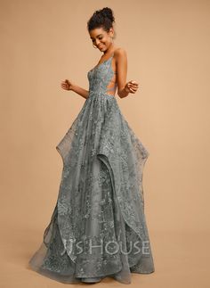 Ball-Gown/Princess V-Neck Floor-Length Lace Tulle Prom Dresses (018268686) - JJ's House Tulle Balls, Princess Prom Dresses, Ball Gowns Princess, V Neck Prom Dresses, Lace Ball Gowns, Floor Length Prom Dresses, Unique Prom Dresses, Tulle Ball Gown, Prom Dress Inspiration