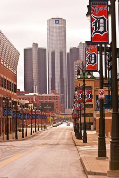 an empty city street with tall buildings in the backgroung and signs on poles