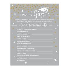 a grey and gold confetti game with the words find the guest