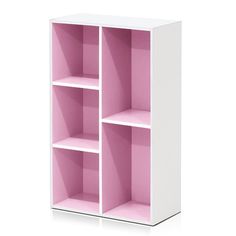 a white and pink bookcase with four shelves on each side, one is empty