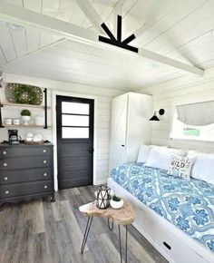 a bedroom with white walls and wood flooring has a blue comforter on the bed