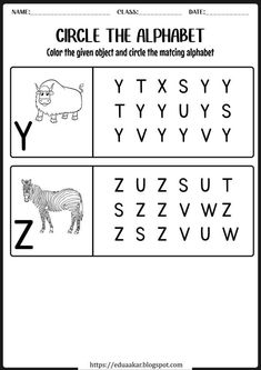 an alphabet worksheet with animals and letters