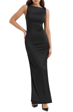 HOUSE OF CB Filomena Satin Dress | Nordstrom Black Floor Length Dress, Black And White Wedding Theme, Formal Bridesmaids Dresses, Elegant Black Dress, House Of Cb Dresses, Bridesmaid Dress Styles, Black Dress Formal, Sleeveless Gown, Focal Points