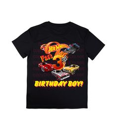 Chemise d'anniversaire de voiture personnalisée, thème de fête de coureur de voitures, chemise assortie à la famille, cadeau personnalisé pour anniversaire, Hot Wheels Birthday Shirt, Hot Wheels Birthday, Car Racer, Car Birthday, Cars Birthday, Custom Car, Number 3, Gift For Birthday, Birthday Shirt