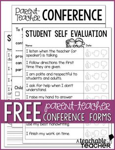 the free parent teacher conference form is shown in purple and white with text that reads,