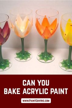 there are four glass vases with flowers painted on the bottom, and text that says can you bake acrylic paint