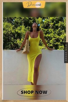 Sexy Bodycon Knit Dressesfor Women Summer Vacation Casual Outfits Yellow Party Club Backless High Split Long Dress 21643 Summer Ribbed Midi Party Dress, Summer Party Midi Dress With Ribbed Details, Summer Party Ribbed Midi Dress, Summer Ribbed Midi Dress For Night Out, Ribbed Backless Party Dress, Backless Ribbed Party Dress, Ribbed Bodycon Dress For Summer Date Night, Trendy Ribbed Bodycon Dress For Party, Summer Ribbed Bodycon Dress For Date Night