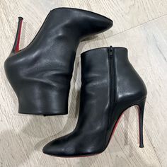 Christian Louboutin Leather Ankle Boots - Black. Only Worn A Few Times. 4” Heel. Wear At Soles; Minor Scratches Throughout; Moderate Creasing At Vamps. Semi-Pointed Toes Exposed Zip Closure At Ankles Runs Small, Usually A 6.6. Black Only, Louboutin Shoes, Black Ankle Boots, Boots Black, Leather Ankle Boots, Christian Louboutin Shoes, Bootie Boots, Christian Louboutin, Ankle Boots