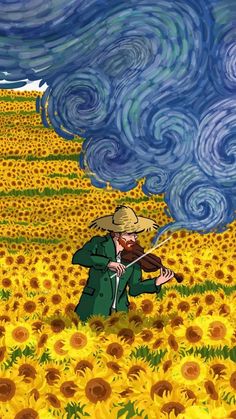 a painting of a man playing violin in a field of sunflowers under a stormy sky