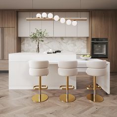 two white stools in front of a kitchen island