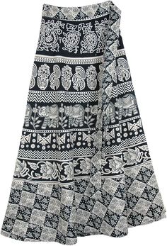 Abstract Elephant Parade Wrap Around Skirt in Black and White | Black | Wrap-Around-Skirt, Maxi Skirt, Elephant, Indian Traditional Long Wrap Skirt For Beach, Traditional Summer Beach Wrap Skirt, Traditional Beach Skirt For Summer, Traditional Summer Beach Skirt, Summer Printed Patterned Skirt, Summer Patterned Printed Skirt, Traditional Maxi Skirt For Summer Beach, Traditional Summer Skirt For Vacation, Traditional Skirt For Summer Vacation