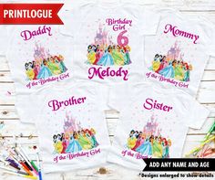 princess birthday shirts with the name and age for each child to wear on their first birthday