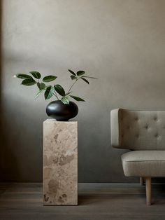 a plant in a black vase sitting on top of a marble block next to a chair