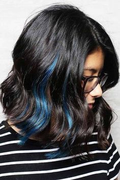 Blue Colour Hair Highlights, Black Hair With Pop Of Color, Dark Hair With Pop Of Color, Pop Of Color In Hair, Pops Of Color Hair, Pop Of Color Hair, Blue Peekaboo Highlights, Hidden Highlights, Blue And Black Hair