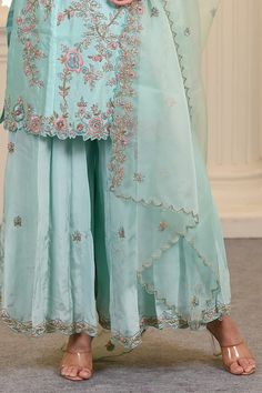 Aqua blue kurta with floral thread and beads embroidery. Paired with coordinating sharara and scallop hem dupatta. - Aza Fashions Kurta And Sharara Set, Kurta And Sharara, Blue Kurta, Beads Embroidery, Scallop Hem, Beaded Neckline, Embroidery Floral, Sharara Set, Girl Online