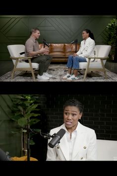 two people sitting on couches with microphones in front of them, and one person standing