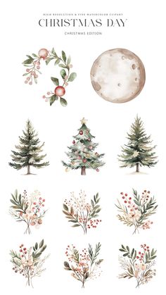 watercolor christmas trees and berries with the moon in the background