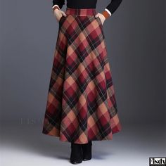 Fisdy - Retro Plaid Midi Skirt: High-Waisted A-Line Skirt with Embellished Hemline Long Skirt Fall, Autumn Academia, Grid Skirt, Plus Size Kawaii, Retro Outfit, Minion Jokes, Plaid Wool Skirt, Midi Skirt Pattern, Ankle Length Skirt