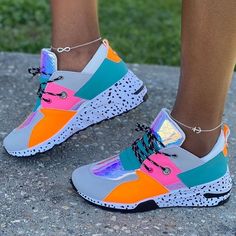 Color Block Iridescent Sneakers Ladies Sneakers, Fur Sneakers, Colorful Sneakers, Women Casual Shoes, Sport Shirts, Comfortable Slippers, Style Sportif, Sport Shoes Women, Women Sneakers