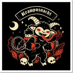 a black shirt with an image of a demon and two skulls on the chest, in front of a banner that says krampsnach