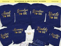 the matching family shirts are blue and gold, with an image of grandma to be on it