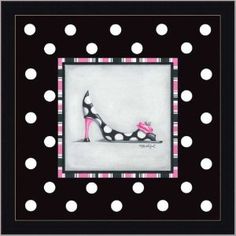 a black and white polka dot frame with a pink high heel shoe