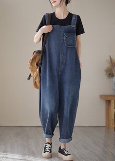 Casual Blue Slash Neck Patchwork Button Denim Jumpsuit Summer Overalls Baggy, Womens Denim Overalls, Denim Retro, Jumpsuit Summer, Bib Overalls, Vintage Pants, Overalls Women, Summer Fabrics, 80s Vintage