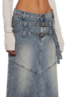 This maxi skirt has a denim construction, two adjustable belt straps in front, back pockets, and a front button and zipper closure. Current Mood Clothing, Windsor Smith, Worry Less, Pride Outfit, Denim Maxi, Denim Maxi Skirt, Current Mood, Clueless, Adjustable Belt