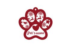 a red dog paw with snowflakes on it and the words pet's name