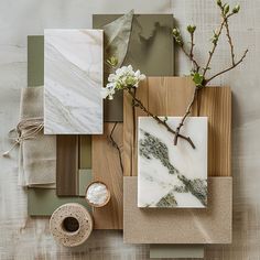 marble and wood pieces are arranged on the table