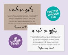 three different types of wedding cards with the words, our honeymoon wish and free standard postage