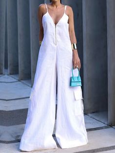 Affordable price buy Jumpsuits on Stylewe, SPU: 11WJU6HA410, Color: White, Elasticity:No Elasticity, Silhouette:H-Line. Urban Shirt, Jumpsuit Outfits, Jumpsuit Chic, Estilo Chic, White Jumpsuit, Casual Jumpsuit, Urban Wear, Loose Blouse, Front Zipper