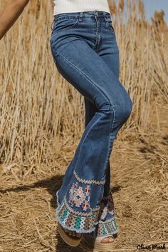 Olivia Mark - Cerulean Geometric Embroidered Flared Jeans with Raw Hem by Ashleigh Professional Chic, Black Flare Jeans, Flared Denim, Flare Denim Jeans, Jeans Material, Watches Women Fashion, Gingham Print, Denim Flares, Designer Jeans