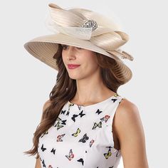 Women church hat for daily used. About 5.5 inch Large Brim. Wide brim has a classic ribbon-stripe design. Oversized ribbon bow is graced with a glitzy rhinestone band. One size fits most. Ship it in heavy box. Elegant Adjustable Hat With Bow, Fitted Hat With Bow And Curved Brim, Chic Beige Hat With Bow, Elegant Beige Fedora Sun Hat, Elegant Brimmed Sun Hat With Bow, Elegant Boater Hat With Bow And Curved Brim, Elegant Boater Hat With Curved Brim And Bow, Formal Wide Brim Hat With Ribbon, Elegant Boater Hat With Curved Brim And Bow Detail