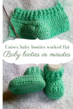 the baby booties are knitted in green yarn